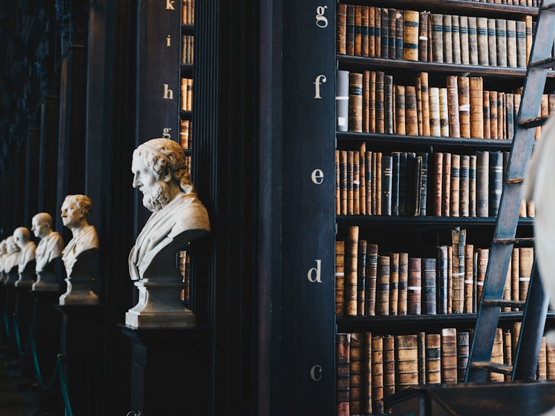 Classical law library with busts, leather-bound books and reading desks at the firm